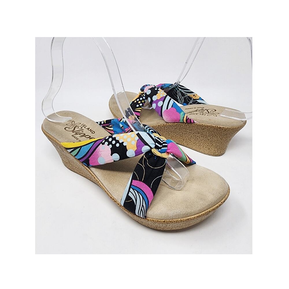 Island Slipper Wedge Women 8 Colorful Pink Black Fabric Gold Ring Comfort Sandal